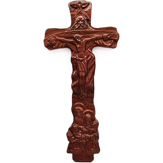 3D Brazilian Cherry Carving of Cross - Features Father, Son, Holy Spirit & Holy Family